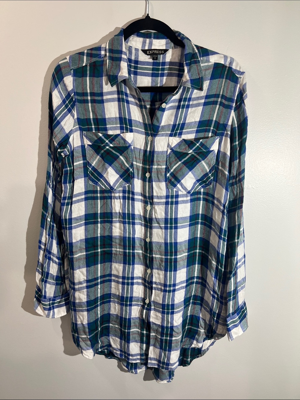 Express Blue & Green Plaid Button-Down Shirt